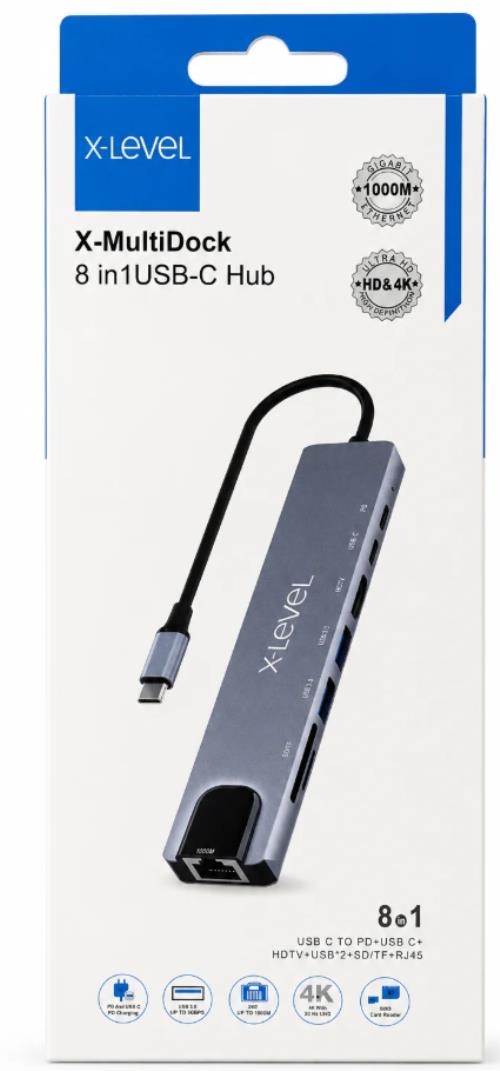 X-LEVEL XMH7810 X-MULTIDOCK 5IN1 TYPE-C TO USB HUB+HDMI+TYP-C+ETH XMH-8108